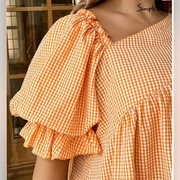 Simplee Plus orang/white seersucker gingham asymmetrical neck tiered ruffle midi - Picture 4 of 12